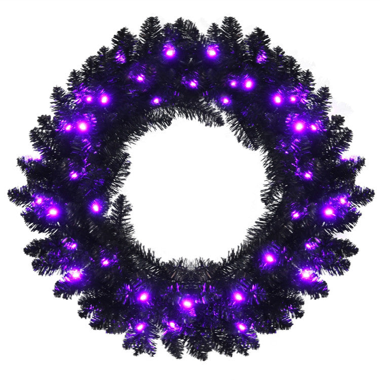 24' Black Halloween Wreath, Pre-lit Artificial Christmas Wreath